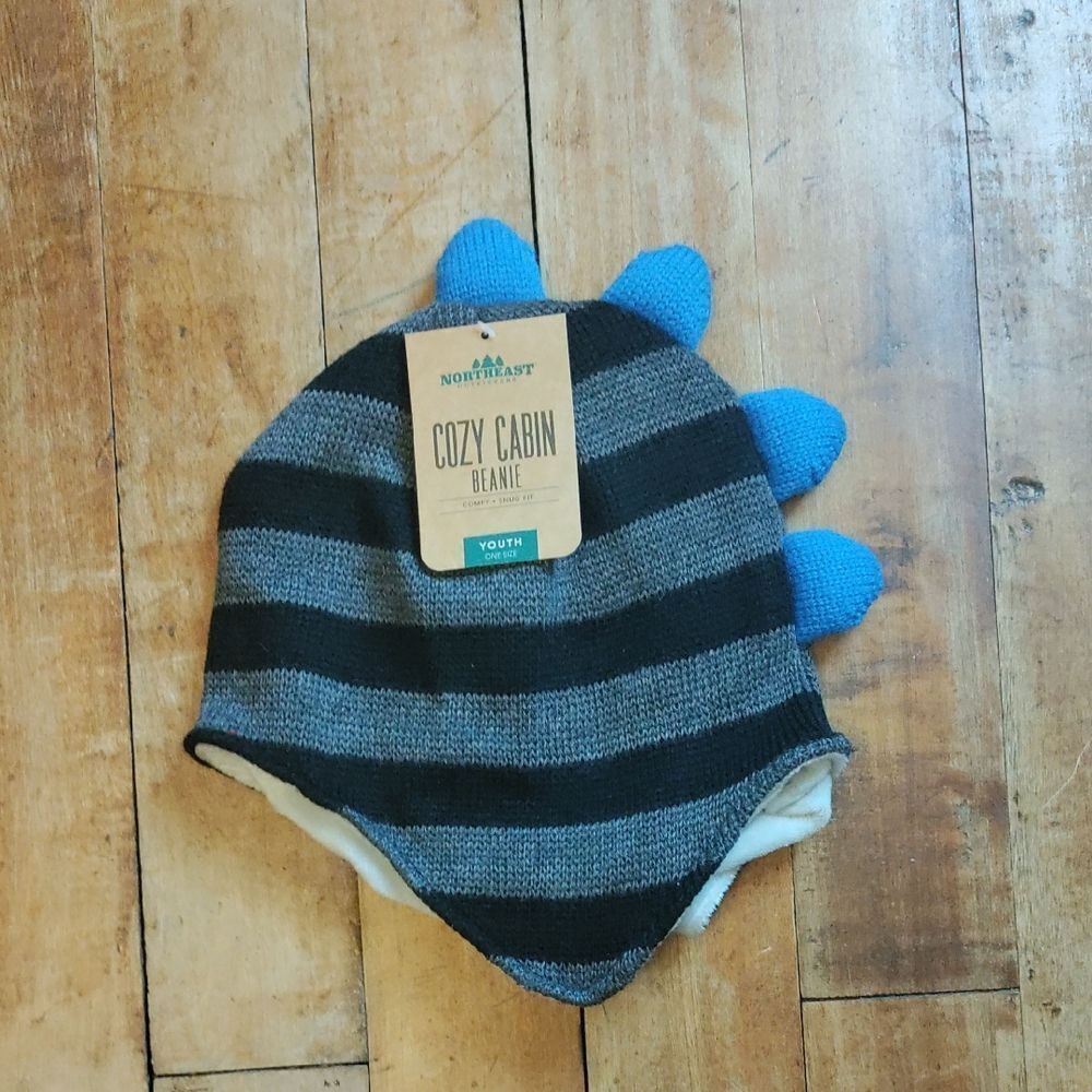 CozyโCabin Kids Beanie Black Blue Stripe Winter Hat Dinosaur New Youth
